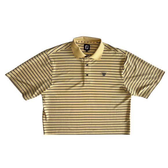 FJ Footjoy Men's Polo Shirt Medium Yellow Navy Stripe Unknown Golf Course Logo - Picture 3 of 12